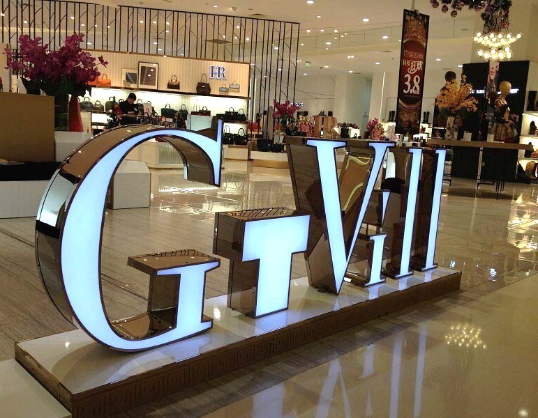 Face-Lit-Acrylic-Channel-Letters-Colors-PVD-Stainless-Steel-Return-in-Shopping-MALL